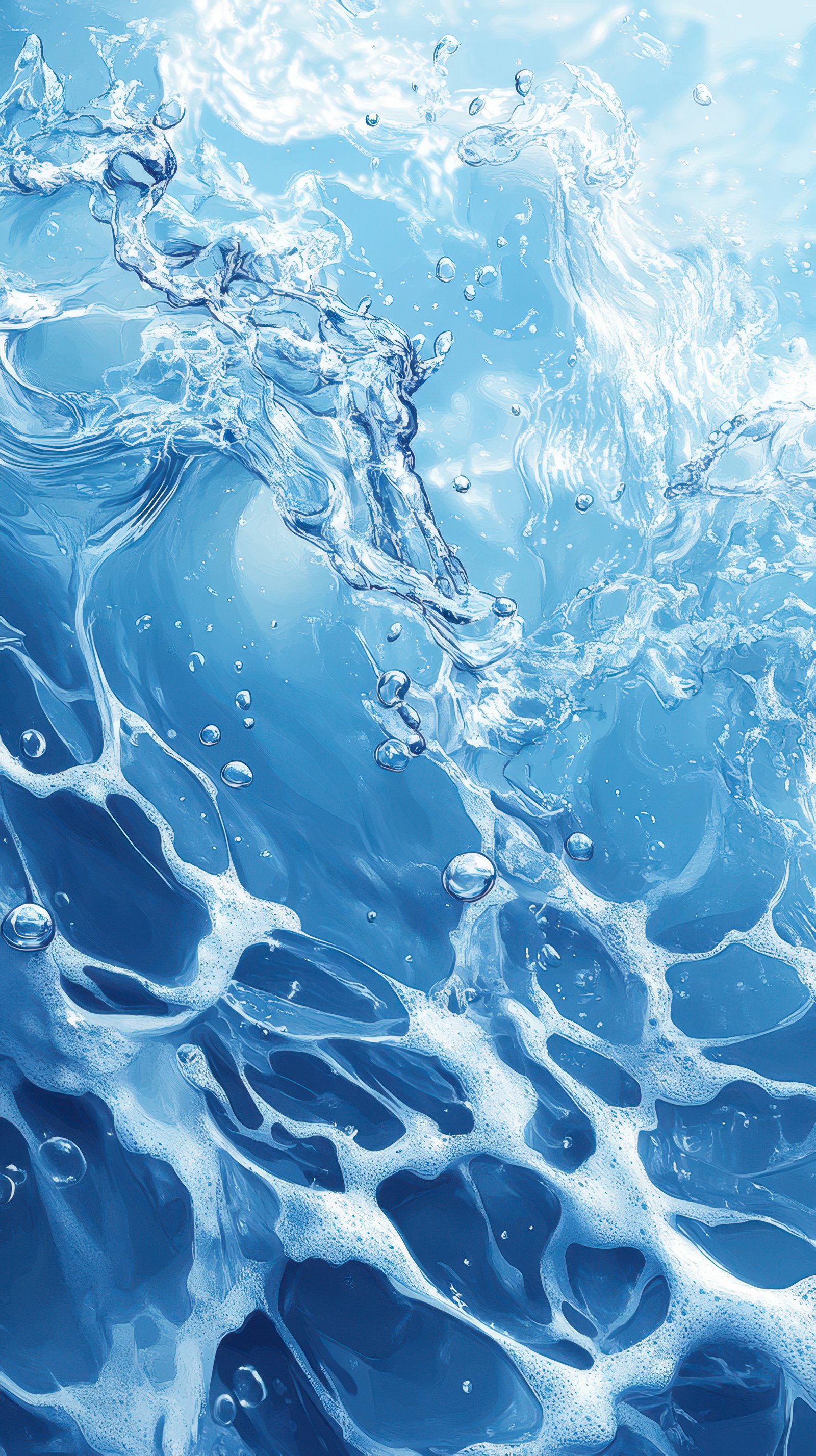 Water texture with bubbles and waves captured under sunlight in a clear blue ocean environment